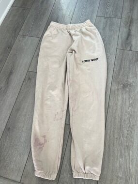 LONELY GHOST Cream Jogger Sweatpants with Black Logo as is small